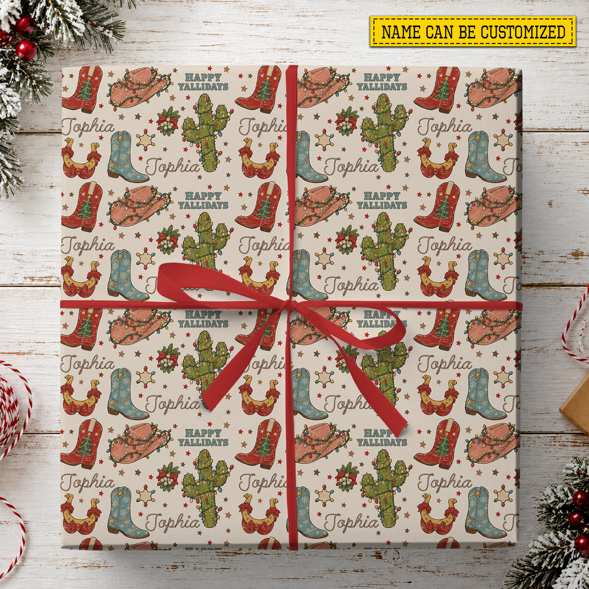 Personalized Christmas Cowgirl Wrapping Paper, Happy Yallidays Wrapping Paper Rolls, Xmas Gift Wrap For Cowgirls