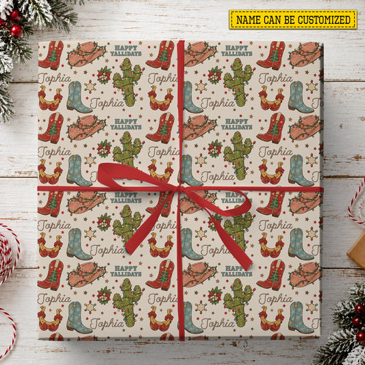 Personalized Christmas Cowgirl Wrapping Paper, Happy Yallidays Wrapping Paper Rolls, Xmas Gift Wrap For Cowgirls
