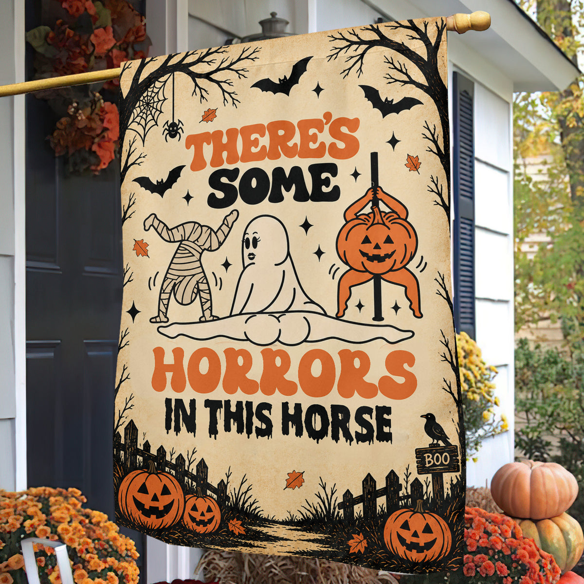 Funny Halloween Garden & House Flag, There's Some Horrors In This House Yard Flag Spooky Season Vintage Gift