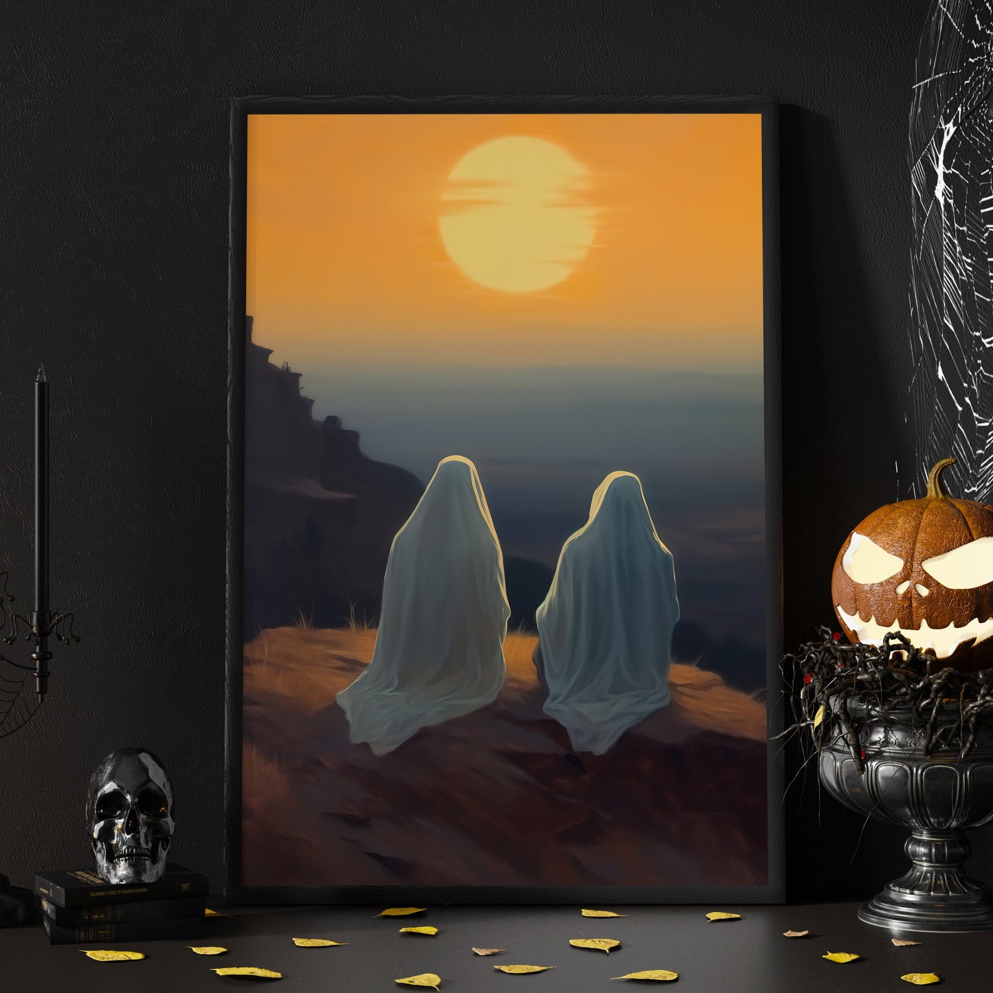 Two Ghost Enjoy The Sunset Vintage Halloween Canvas Painting, Wall Art Decor - Dark Ghost Halloween Poster Gift