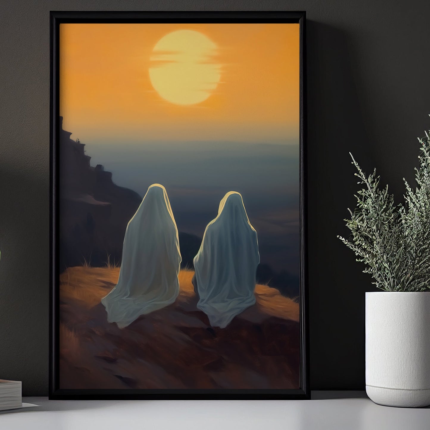 Two Ghost Enjoy The Sunset Vintage Halloween Canvas Painting, Wall Art Decor - Dark Ghost Halloween Poster Gift