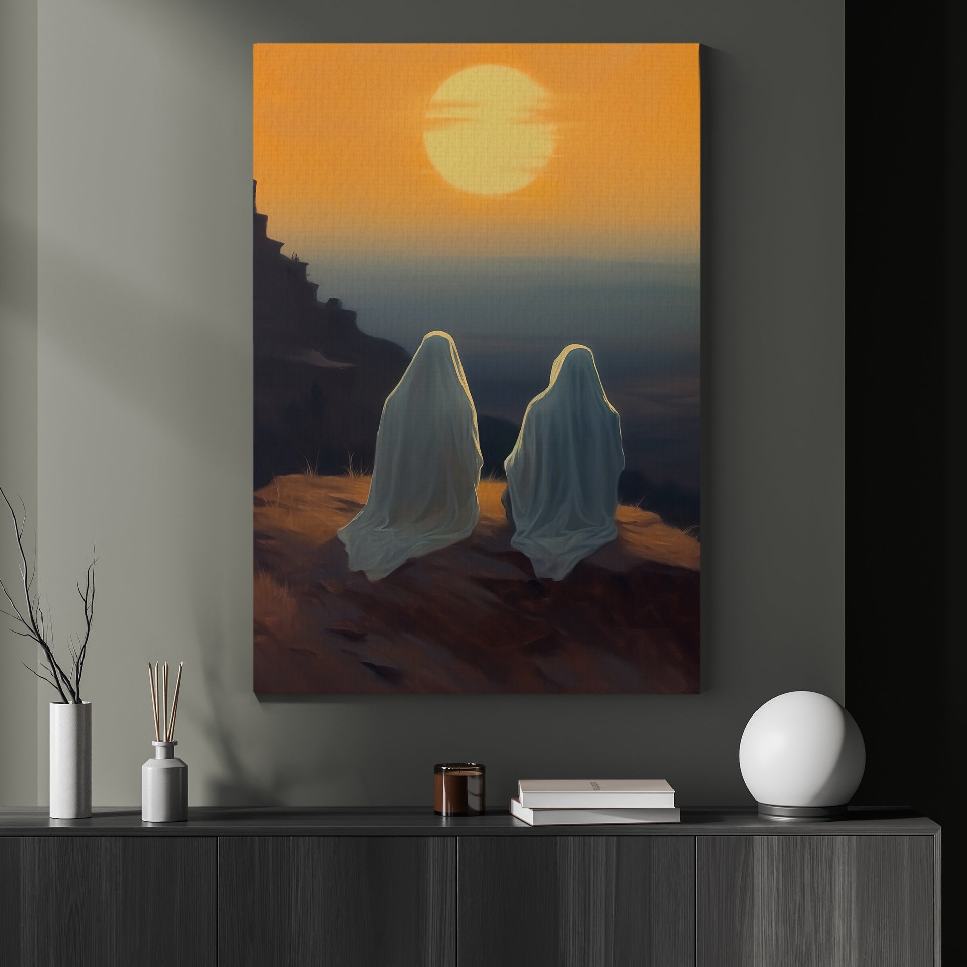 Two Ghost Enjoy The Sunset Vintage Halloween Canvas Painting, Wall