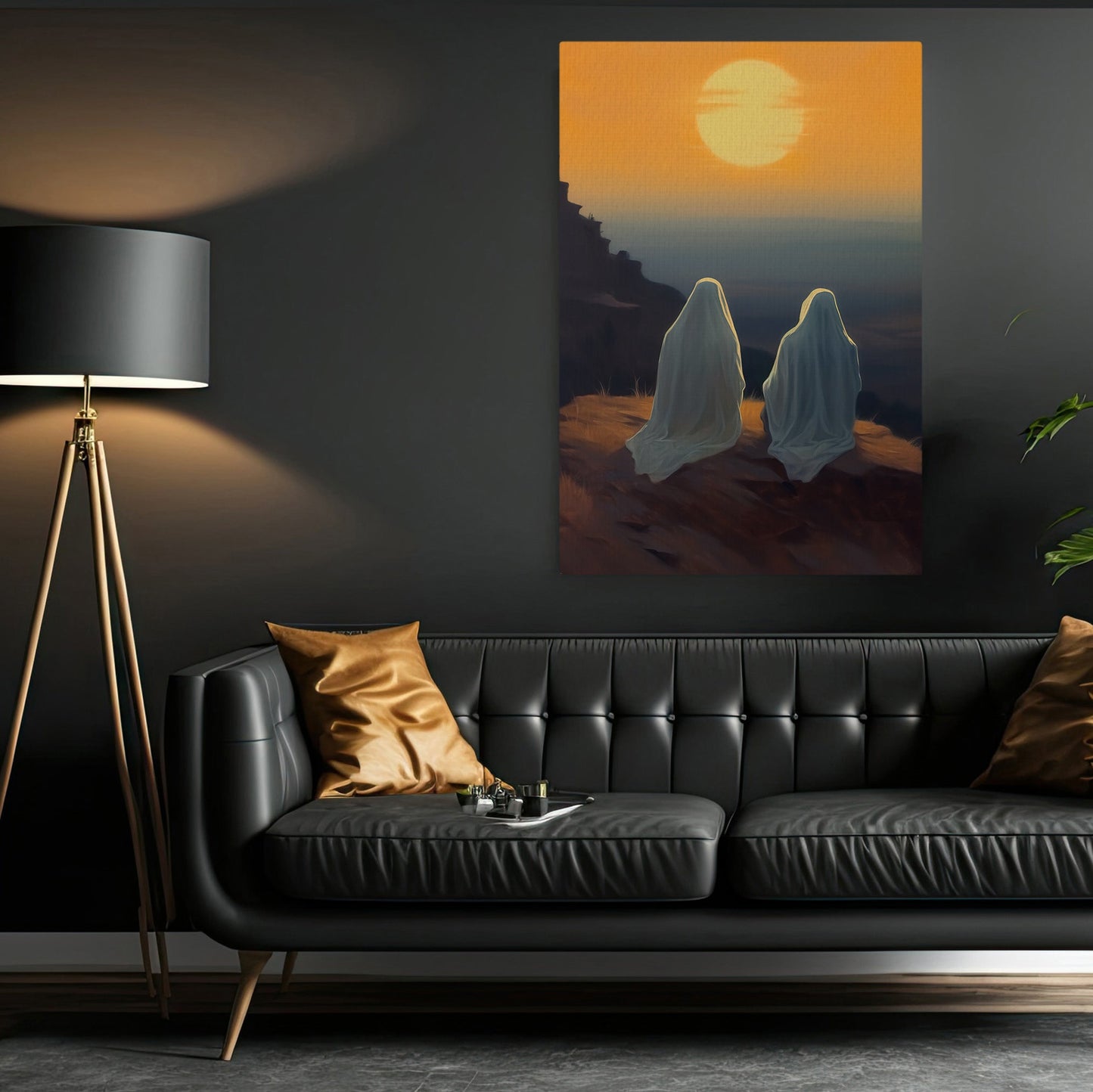 Two Ghost Enjoy The Sunset Vintage Halloween Canvas Painting, Wall Art Decor - Dark Ghost Halloween Poster Gift