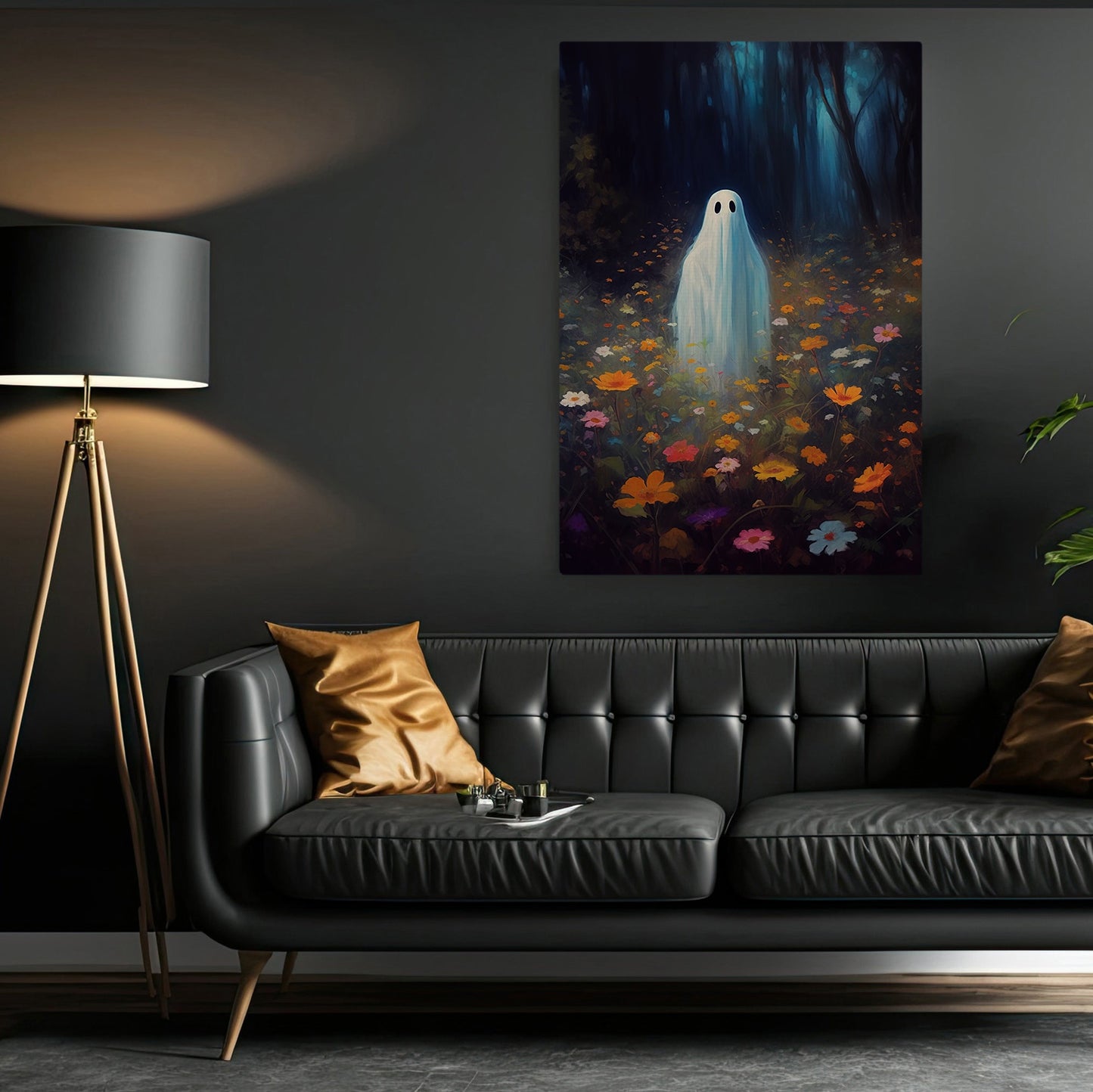 Alone Ghost In Flower Forest Halloween Canvas Painting, Wall Art Decor - Dark Ghost Halloween Poster Gift