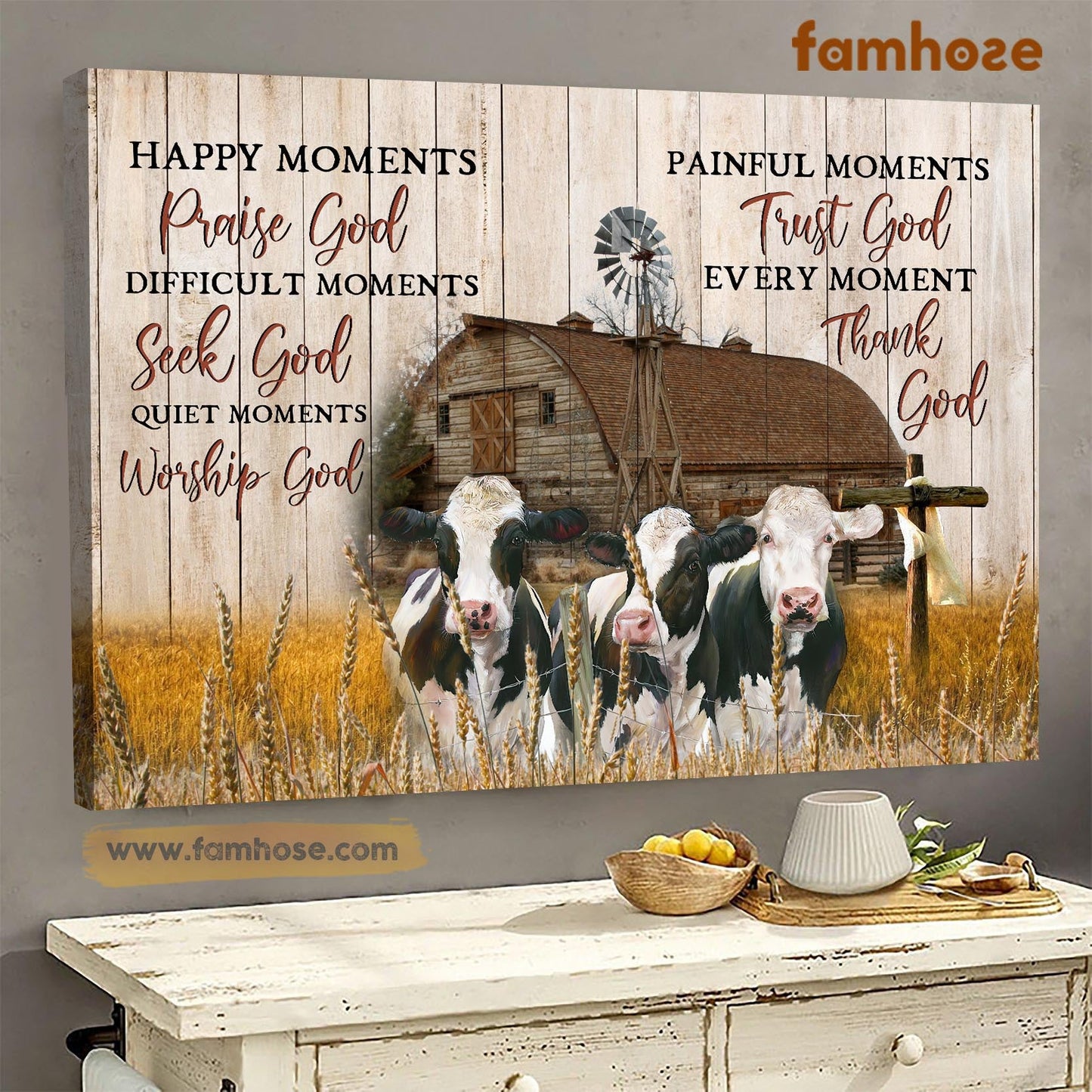 Cow Poster & Canvas, Happy Moments Praise God Difficult Moments, Cow Canvas Wall Art, Poster Gift For Cow Lovers