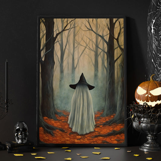 Vintage Ghost In Dark Forest Gothic Halloween Canvas Painting, Wall Art Decor - Dark Ghost Halloween Poster Gift