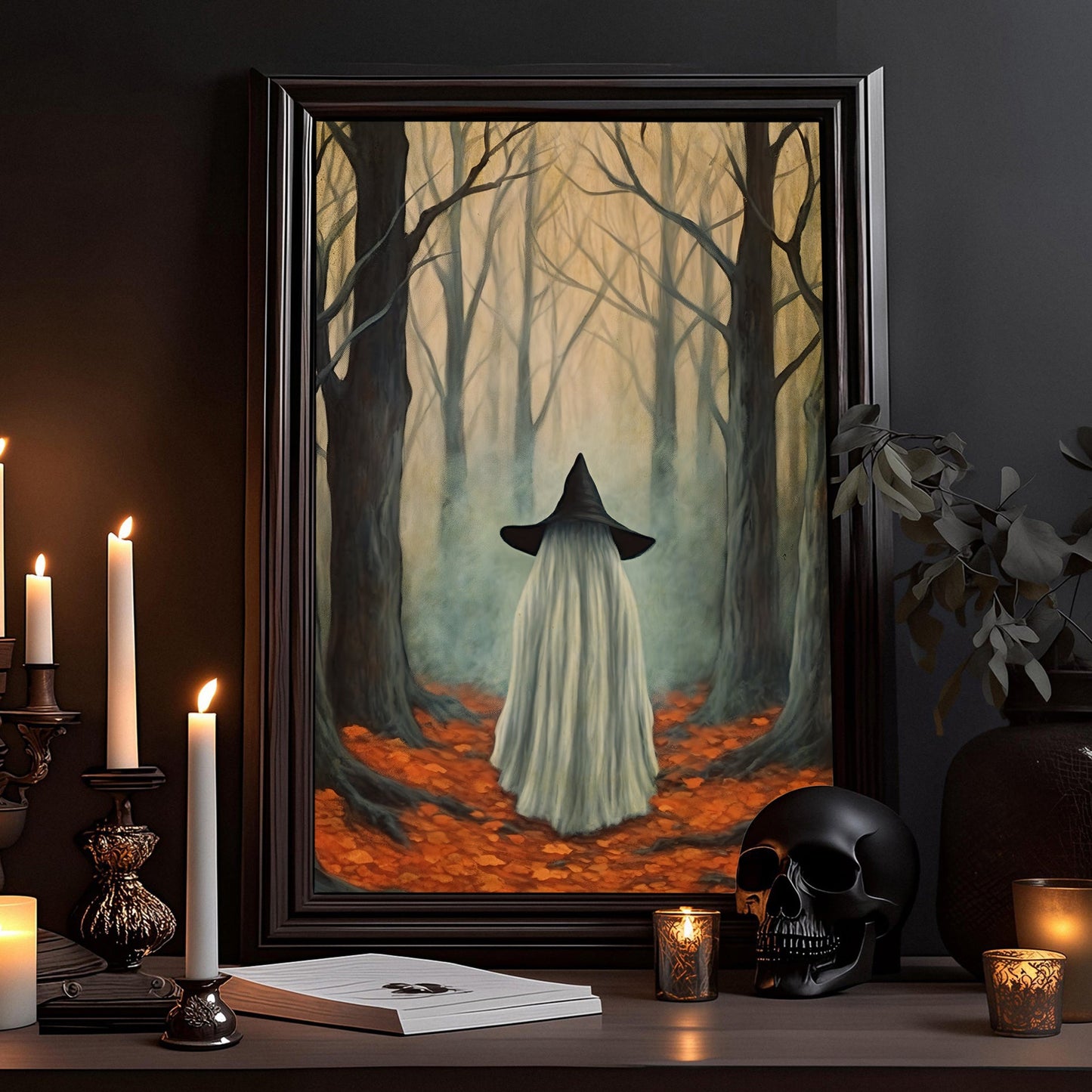 Vintage Ghost In Dark Forest Gothic Halloween Canvas Painting, Wall Art Decor - Dark Ghost Halloween Poster Gift