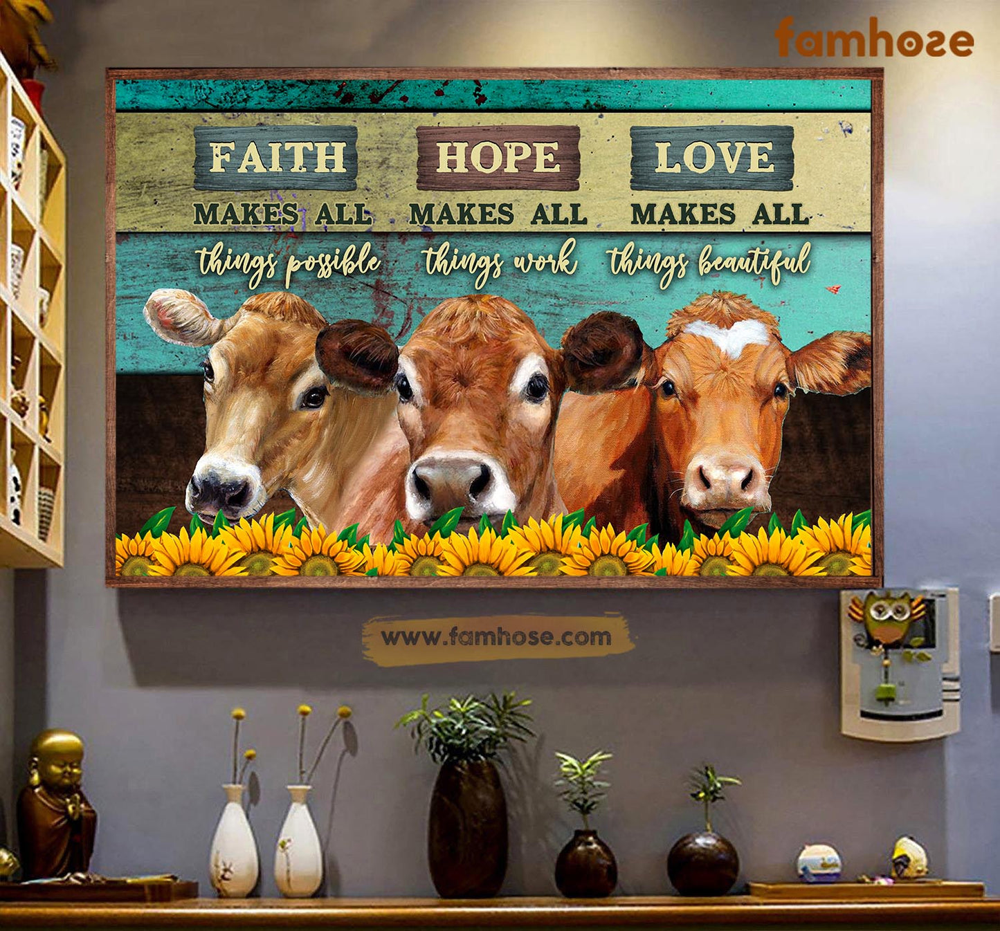 Cow Poster & Canvas, Faith Makes All Things Possible Love Makes All Things Beautiful, Cow Canvas Wall Art, Poster Gift For Cow Lovers