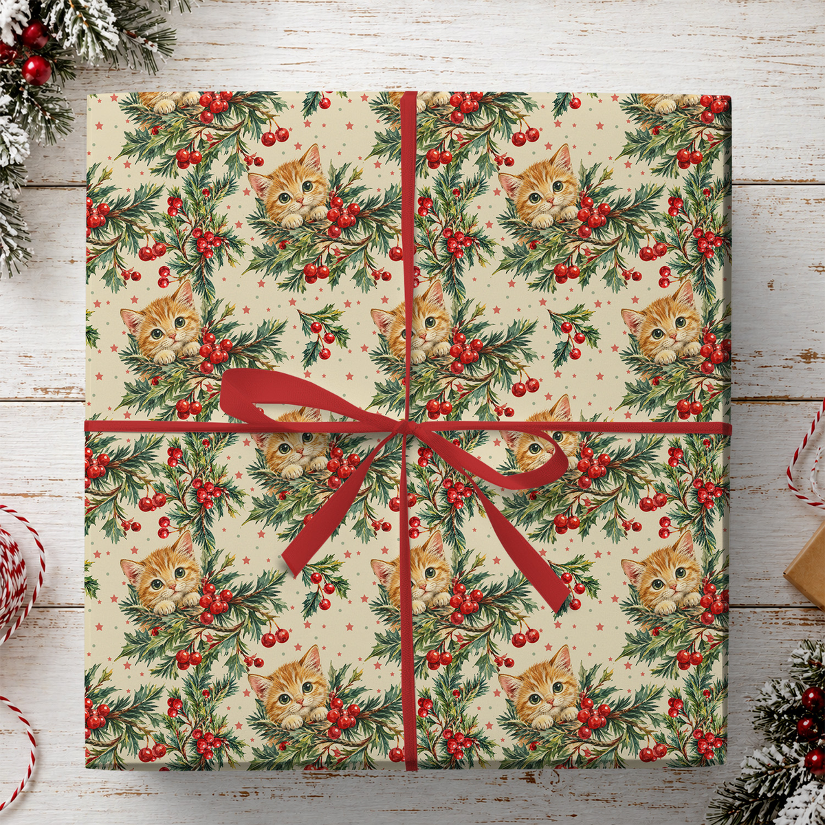 Vintage Christmas Cat Wrapping Paper, Cute Orange Tabby Kitten With Holly Berries Wrapping Paper Rolls, Xmas Gift Wrap For Cat Lover