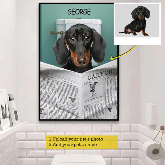 Funny Personalized Dog Bathroom Canvas Painting, Dog Read News Toilet Wall Art Decor, Restroom Poster Gift For Dog Lovers