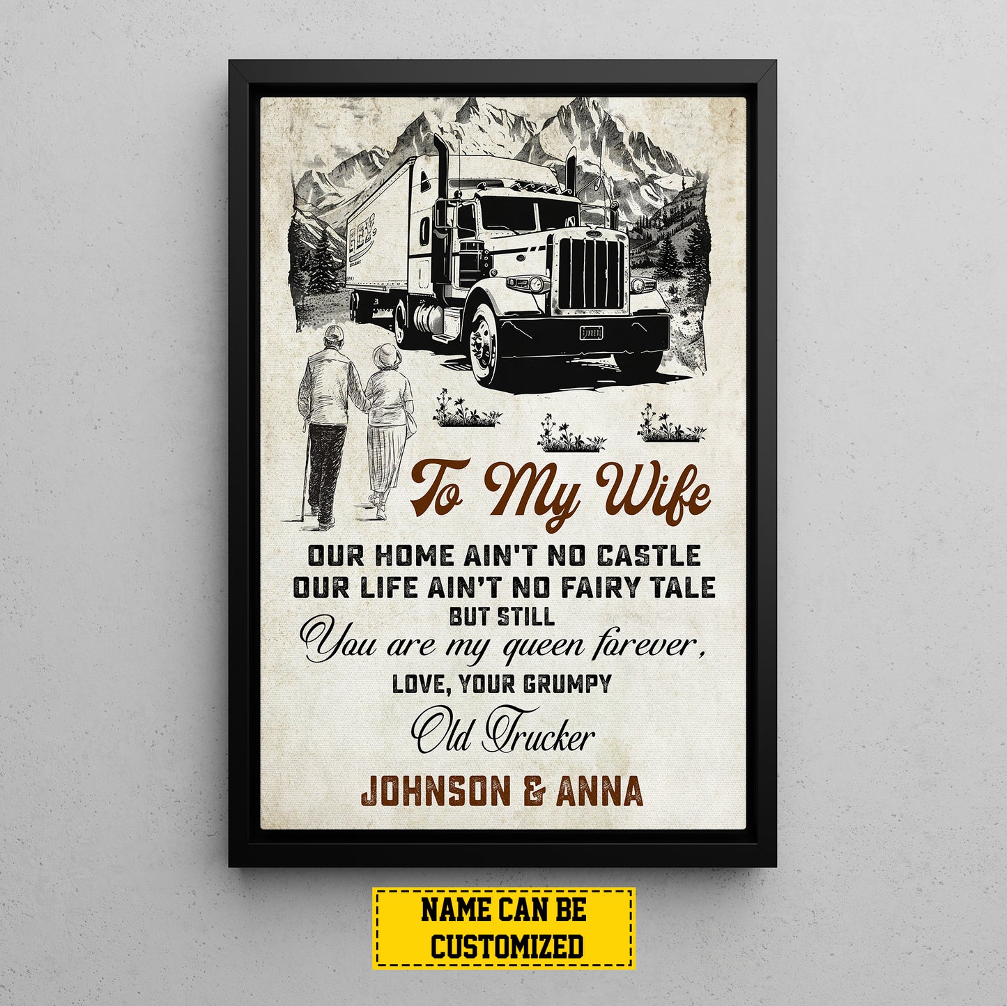 Personalized Couple Trucker Canvas Painting, To My Wife Your Are My Queen, 18 Wheeler Quotes Wall Art Decor, Poster Gift For Truck Drivers