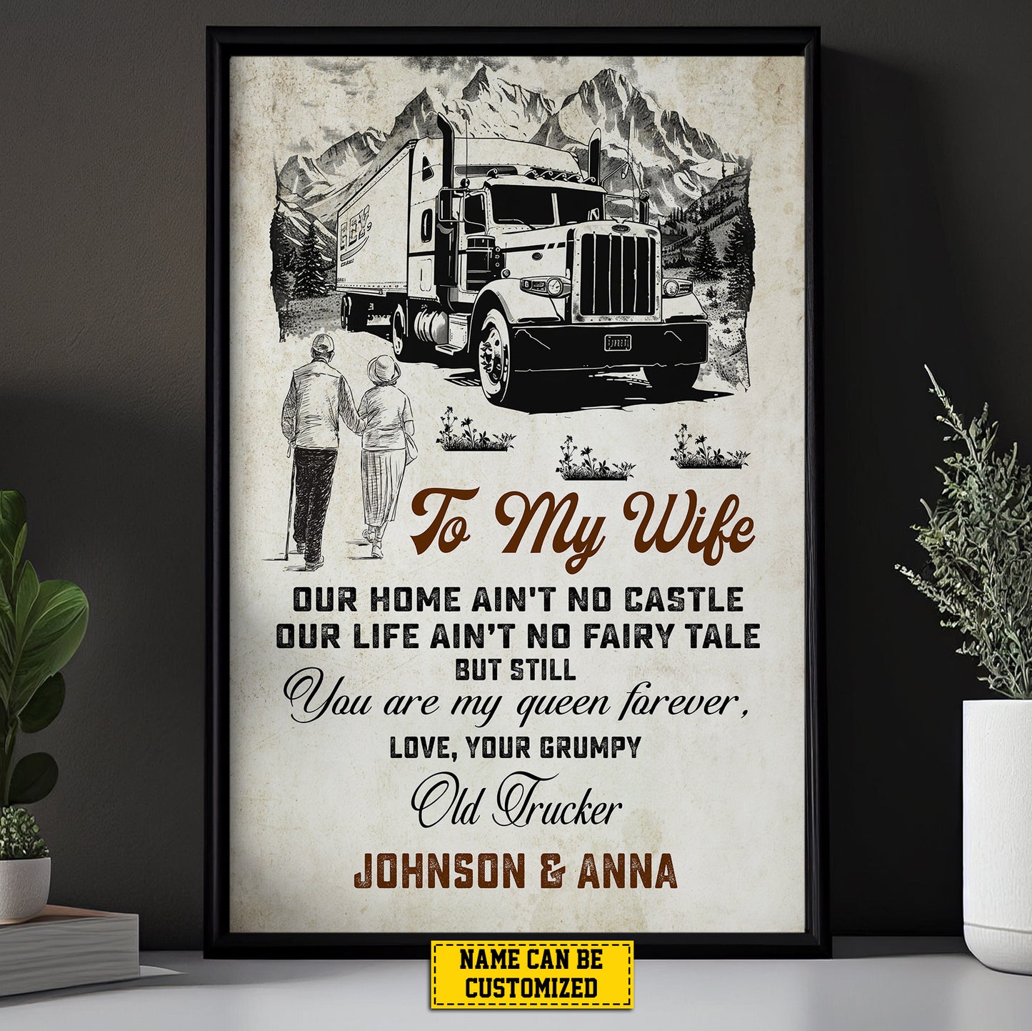 Personalized Couple Trucker Canvas Painting, To My Wife Your Are My Queen, 18 Wheeler Quotes Wall Art Decor, Poster Gift For Truck Drivers