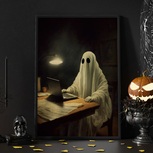 Vintage Ghost Working On Laptop Gothic Halloween Canvas Painting, Wall Art Decor - Dark Ghost Halloween Poster Gift