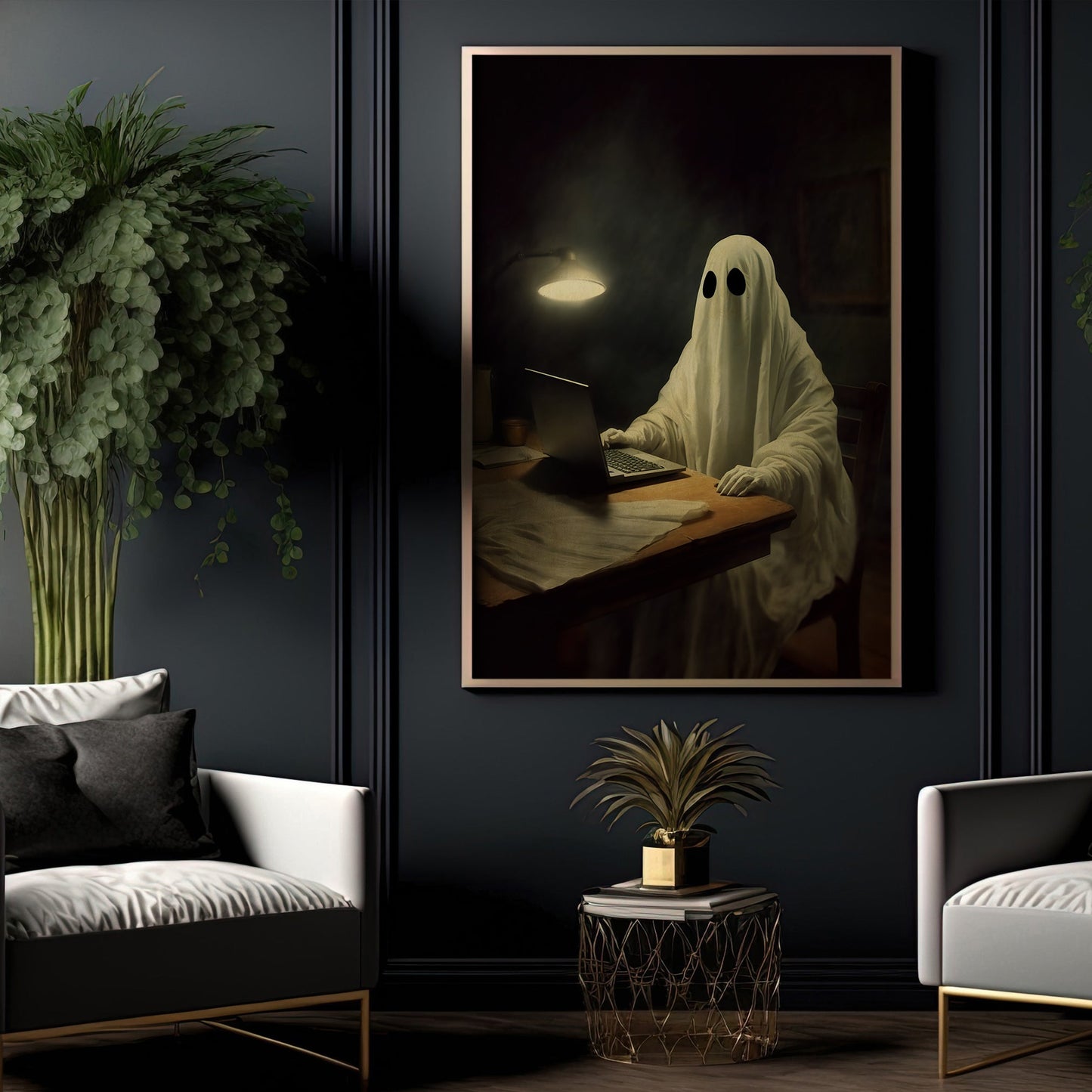 Vintage Ghost Working On Laptop Gothic Halloween Canvas Painting, Wall Art Decor - Dark Ghost Halloween Poster Gift