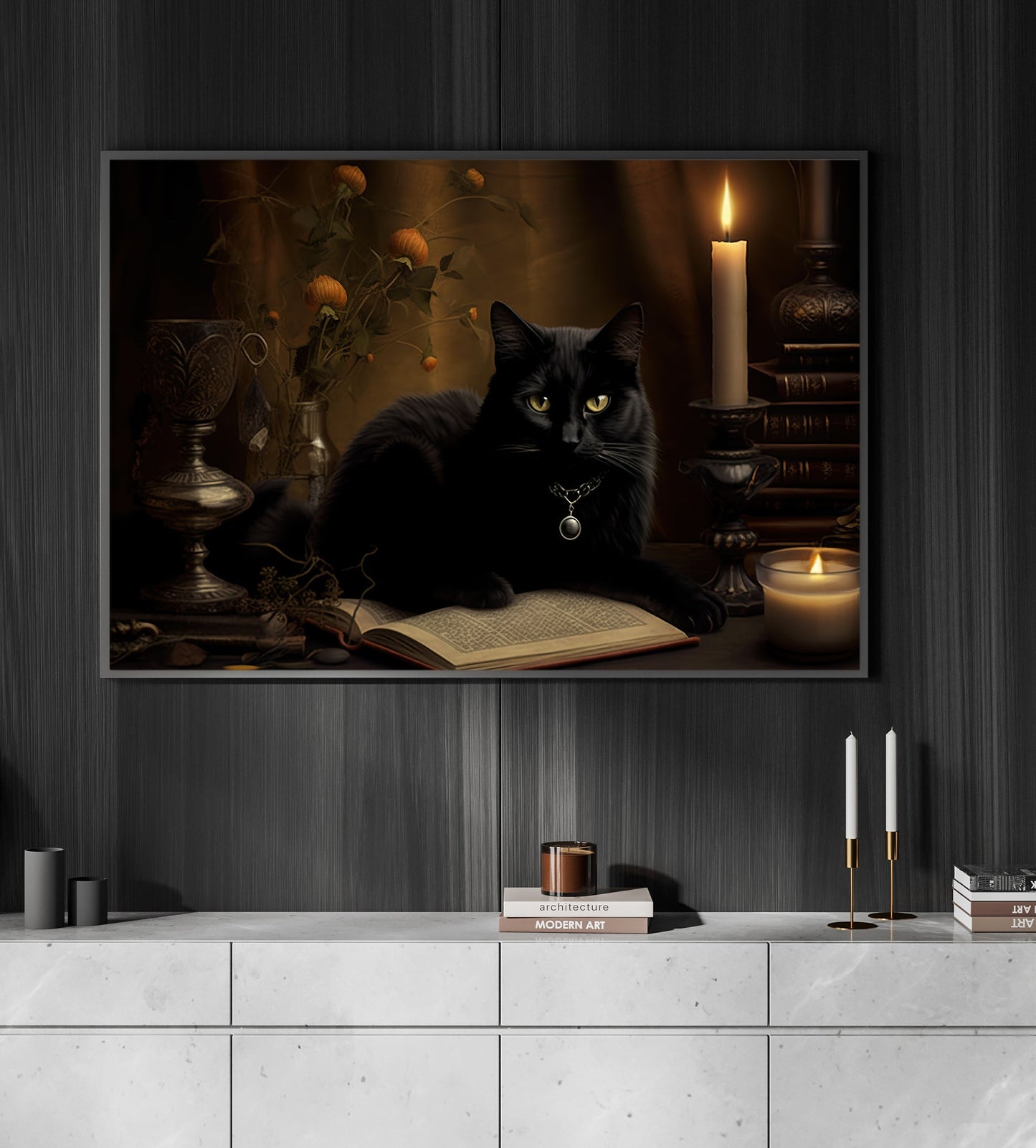 Black Cat Moody Spooky Halloween Canvas Painting, Wall Art Decor - Dark Cat Halloween Poster Gift