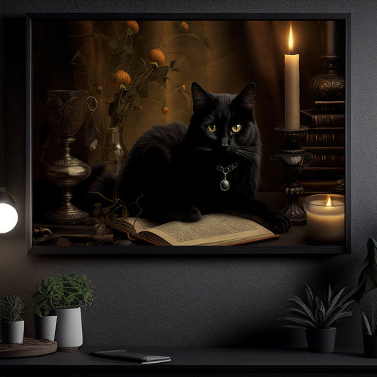 Black Cat Moody Spooky Halloween Canvas Painting, Wall Art Decor - Dark Cat Halloween Poster Gift