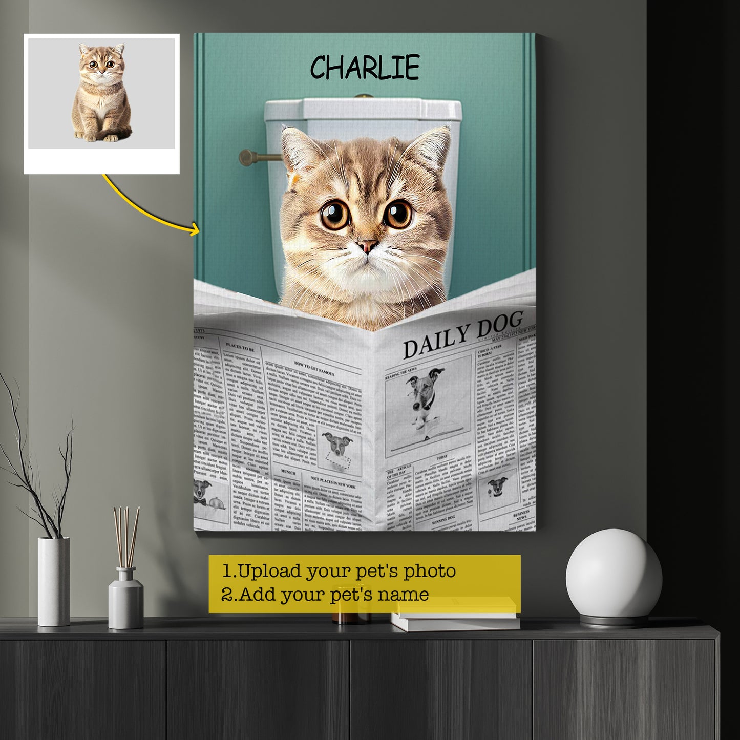 Funny Personalized Cat Bathroom Canvas Painting, Cat Read News Toilet Wall Art Decor, Restroom Poster Gift For Cat And Book Lovers