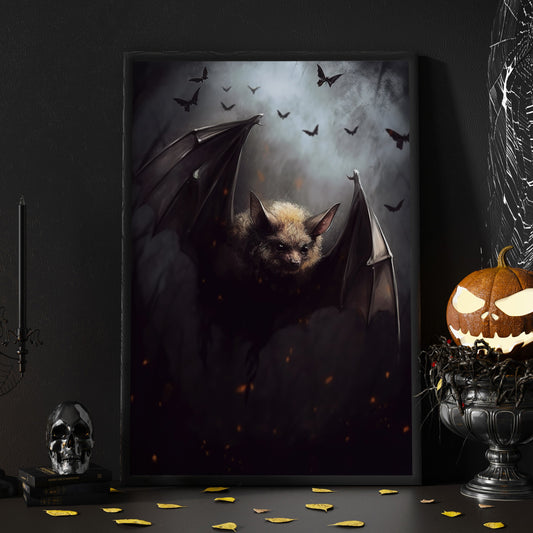 Dark Bat Moonlight Vintage Halloween Canvas Painting, Wall Art Decor - Dark Halloween Poster Gift