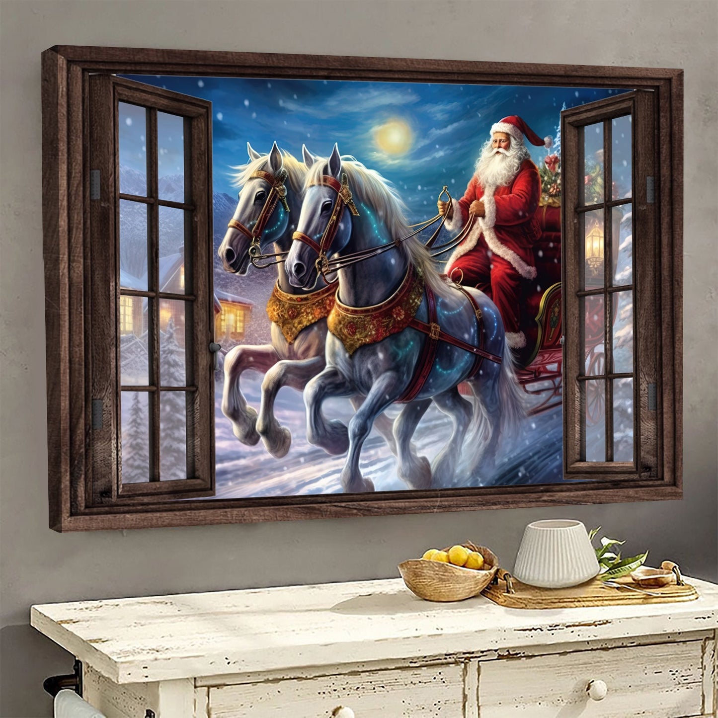 The Horses Are Pulling Santa Claus, Christmas Canvas Painting, Xmas Wall Art Decor - Christmas Poster Gift For Horse Lovers, Horse Riders, Equestrians