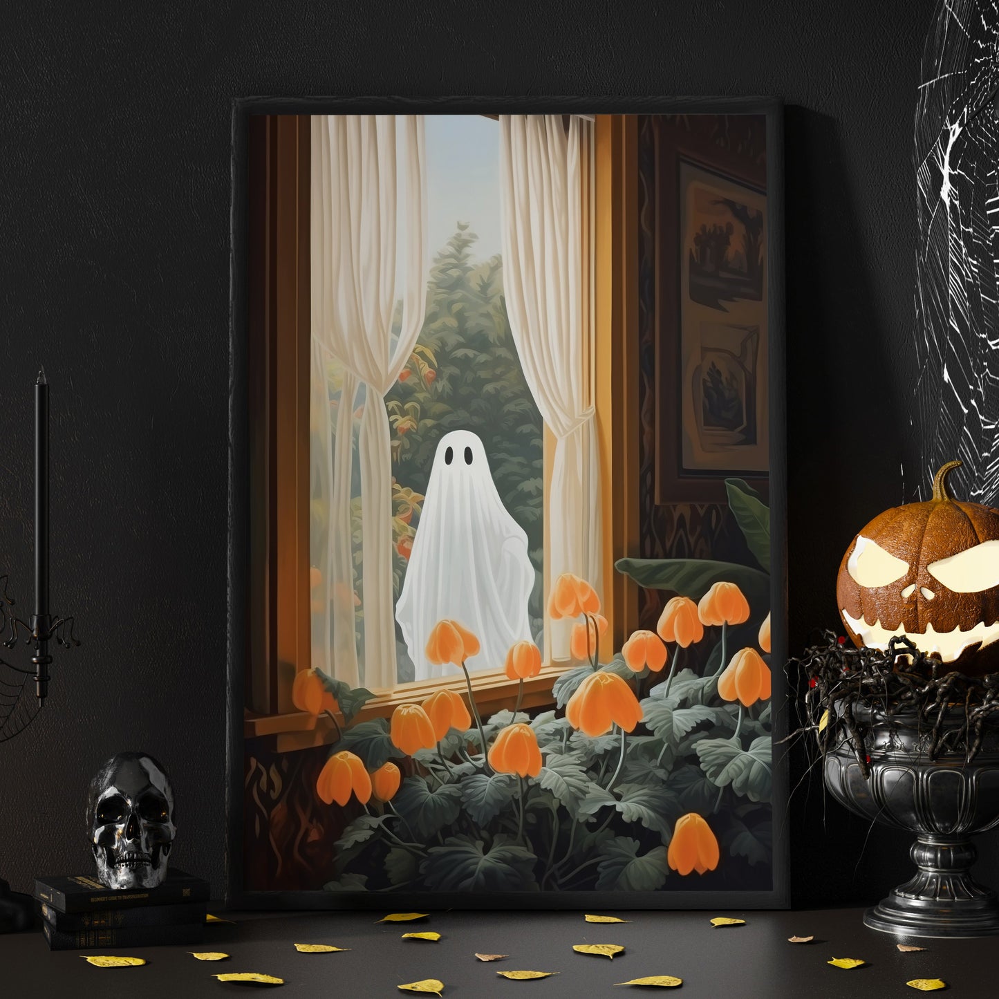 The Dreamy Ghost Look Through Window Halloween Canvas Painting, Wall Art Decor - Dark Ghost Halloween Poster Gift