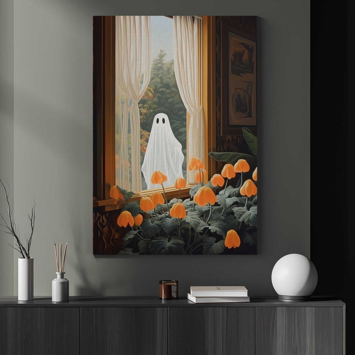 The Dreamy Ghost Look Through Window Halloween Canvas Painting, Wall Art Decor - Dark Ghost Halloween Poster Gift