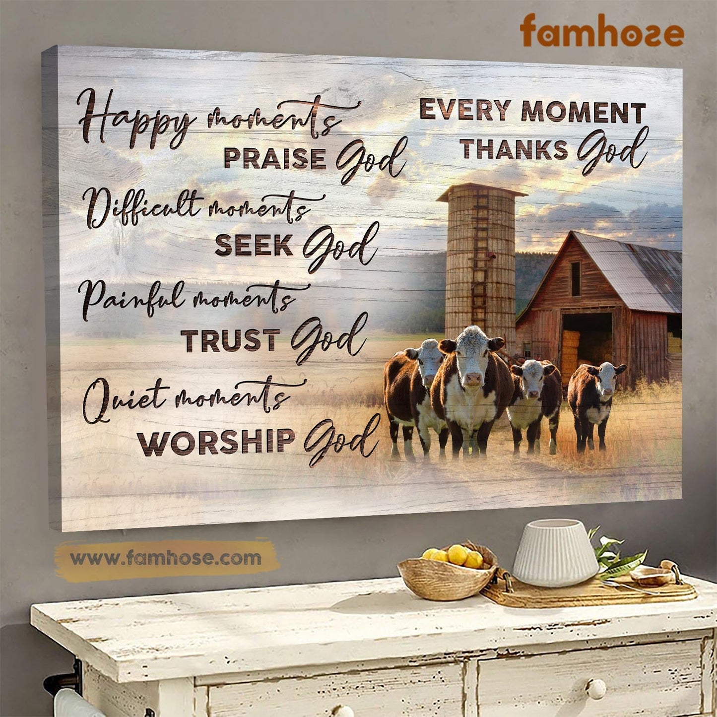 Cow Poster & Canvas, Happy Moments Praise God Difficult Moments Seek God, Cow Canvas Wall Art, Poster Gift For Cow Lovers