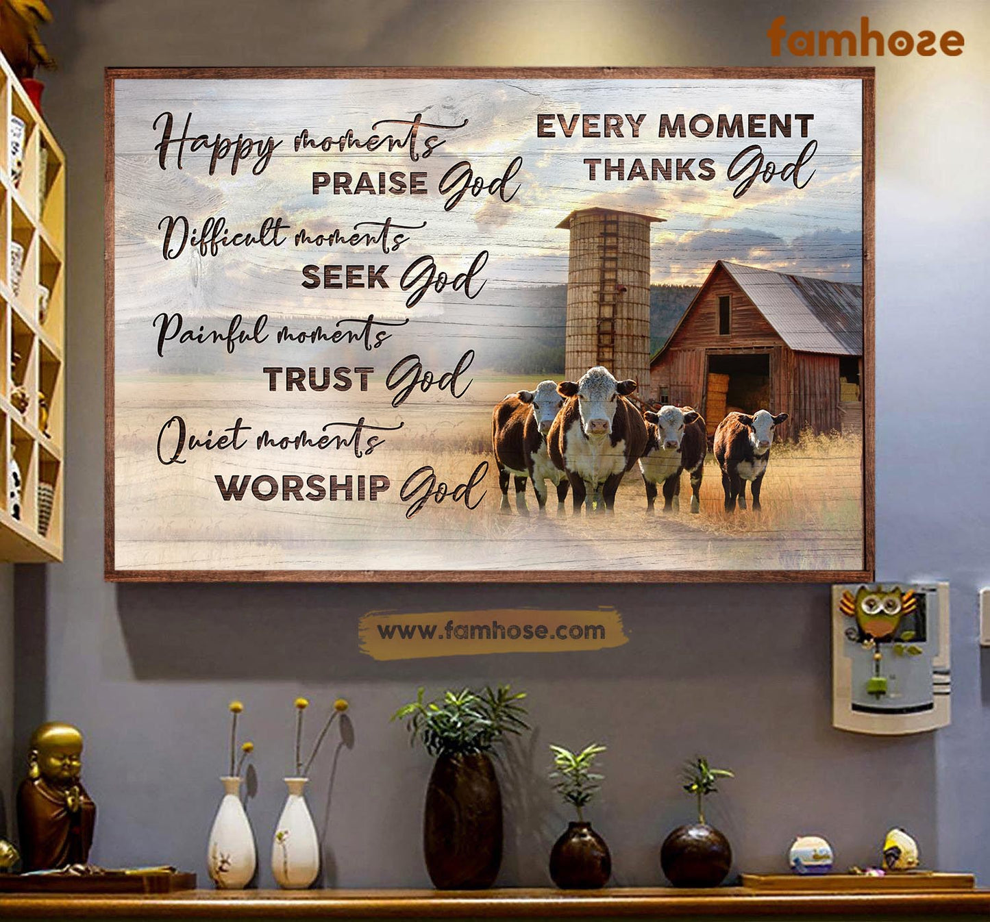 Cow Poster & Canvas, Happy Moments Praise God Difficult Moments Seek God, Cow Canvas Wall Art, Poster Gift For Cow Lovers