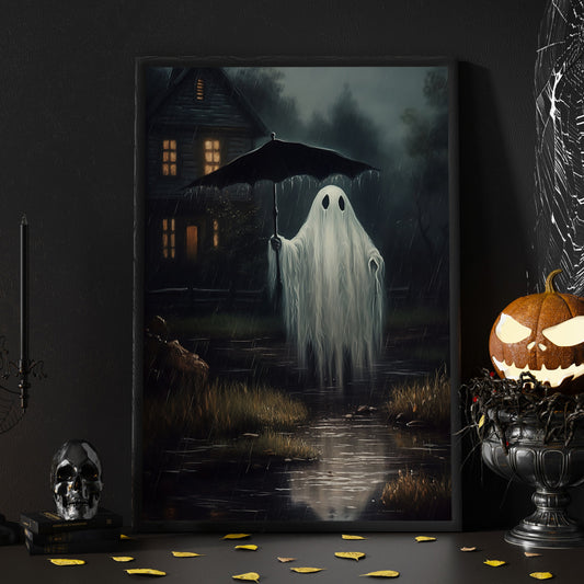 The Ghost Hold Umbrella In Rain Vintage Halloween Canvas Painting, Wall Art Decor - Dark Surreal Ghost Halloween Poster Gift