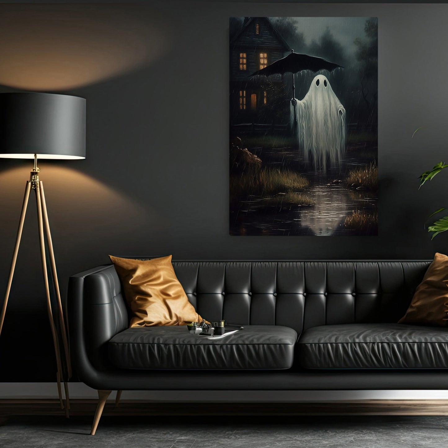 The Ghost Hold Umbrella In Rain Vintage Halloween Canvas Painting, Wall Art Decor - Dark Surreal Ghost Halloween Poster Gift