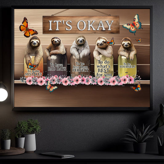 It's Okay To Make Mistakes To Have Bad Days, Motivational Canvas Painting, Inspirational Quotes Wall Art Decor, Poster Gift For Sloth Lovers