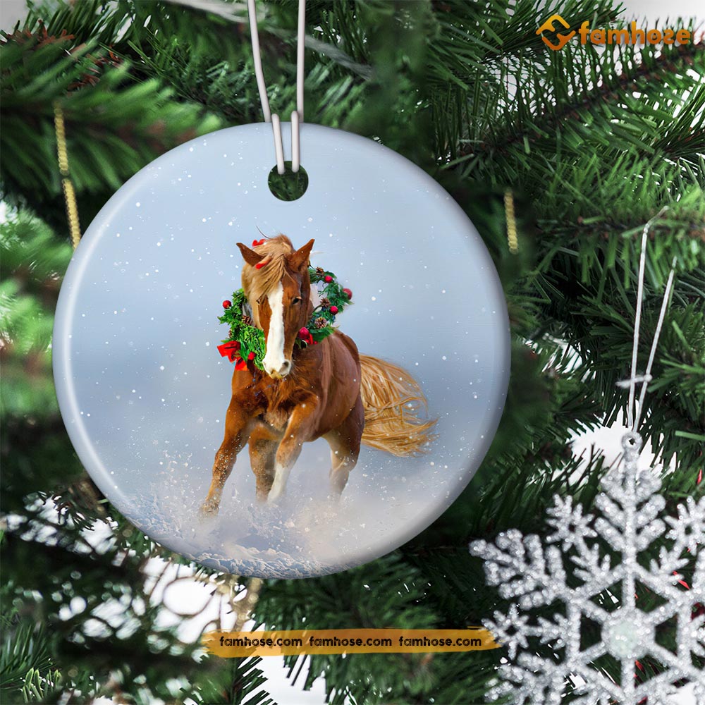 Christmas Horse Ornament, Strong Horse With Flower Gift For Horse Lovers, Circle Ceramic Ornament