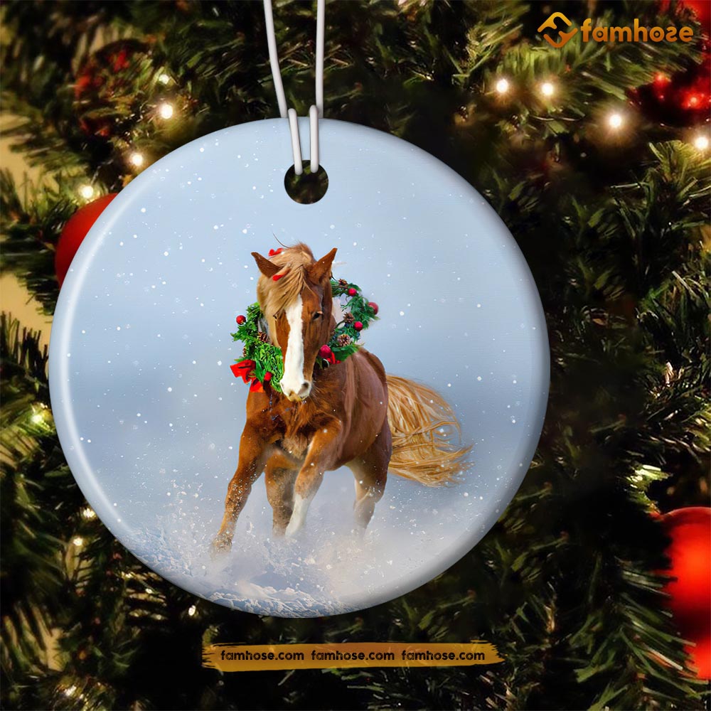 Christmas Horse Ornament, Strong Horse With Flower Gift For Horse Lovers, Circle Ceramic Ornament