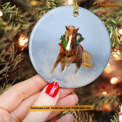 Christmas Horse Ornament, Strong Horse With Flower Gift For Horse Lovers, Circle Ceramic Ornament