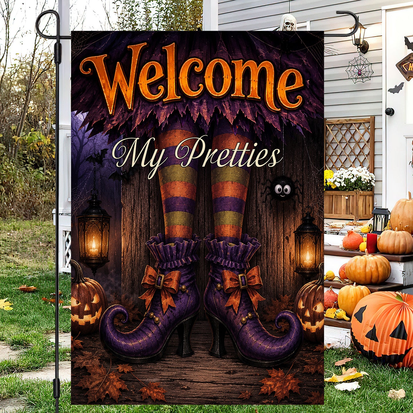 Vintage Halloween Welcome My Pretties Garden & House Flag, Witch Legs Yard Flag Spooky Season Gift For Witch Lover