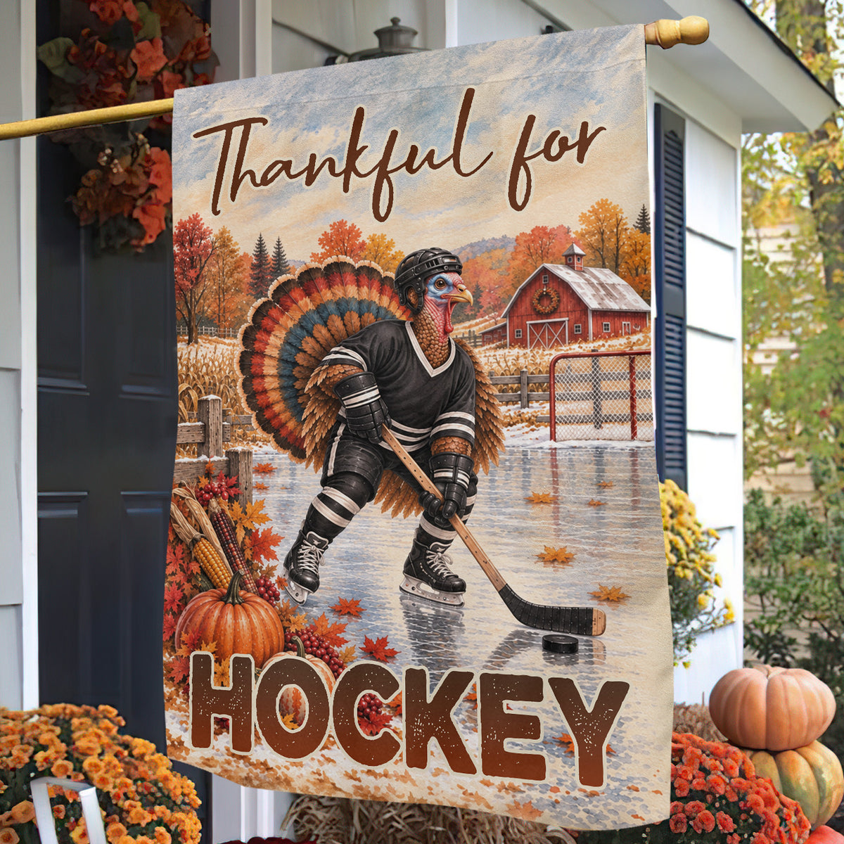 Thanksgiving Hockey Turkey Garden & House Flag, Thankful For Hockey Outdoor Decor, Fall Season Yard Decor Gift For Hockey Lover