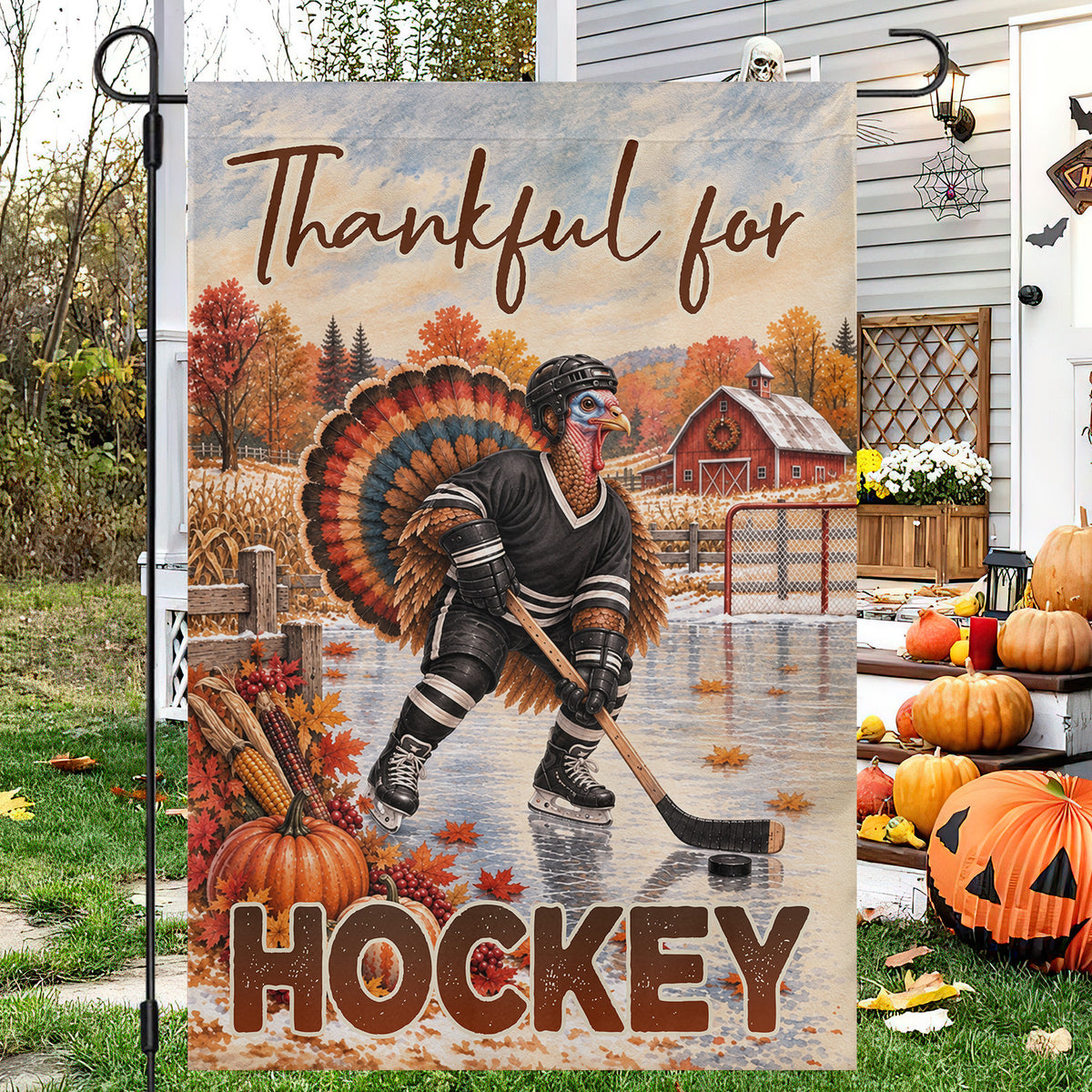 Thanksgiving Hockey Turkey Garden & House Flag, Thankful For Hockey Outdoor Decor, Fall Season Yard Decor Gift For Hockey Lover