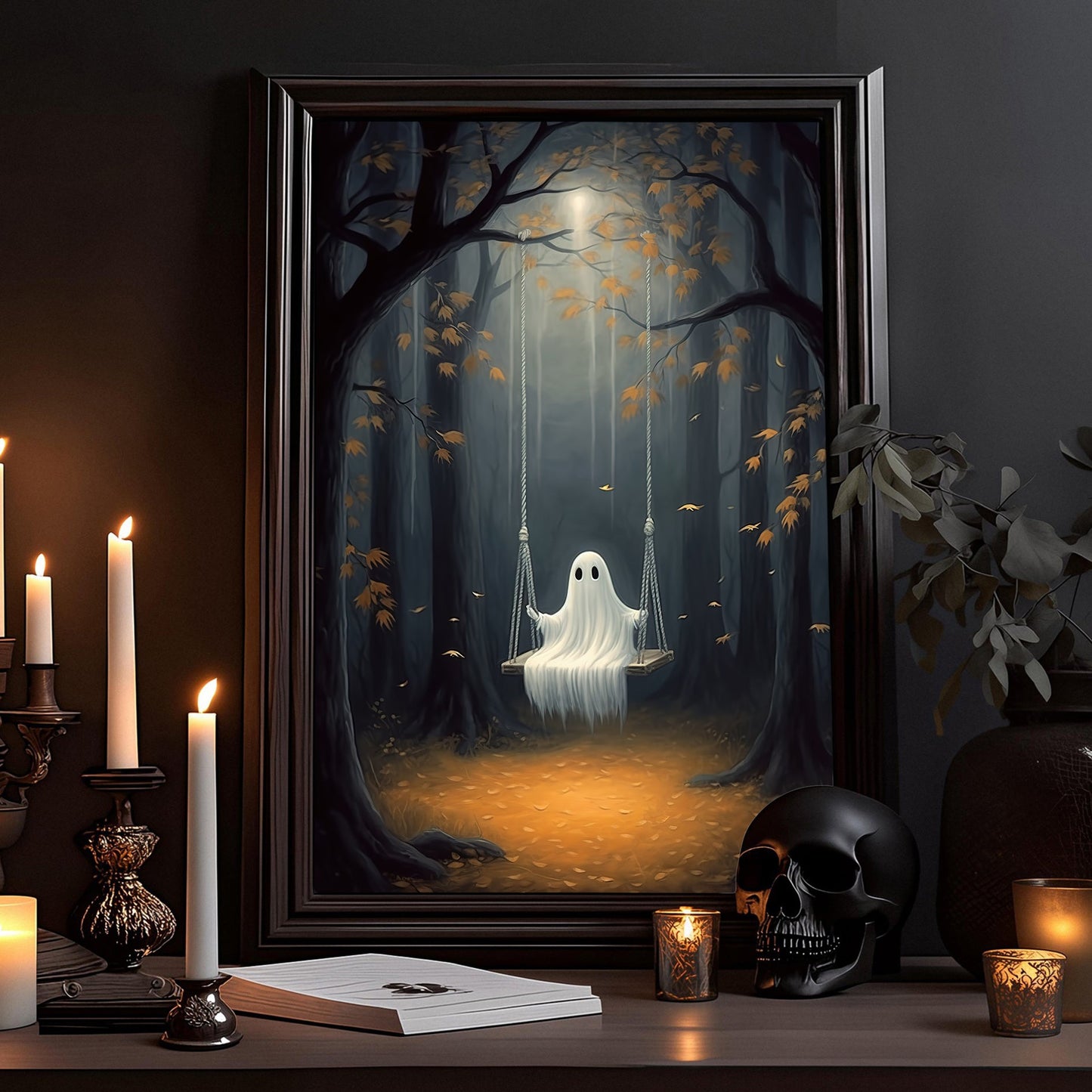 The Ghost Playing On The Swing Canvas Painting, Wall Art Decor - Dark Ghost Halloween Poster Gift