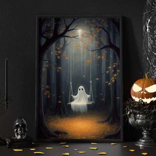 The Ghost Playing On The Swing Canvas Painting, Wall Art Decor - Dark Ghost Halloween Poster Gift