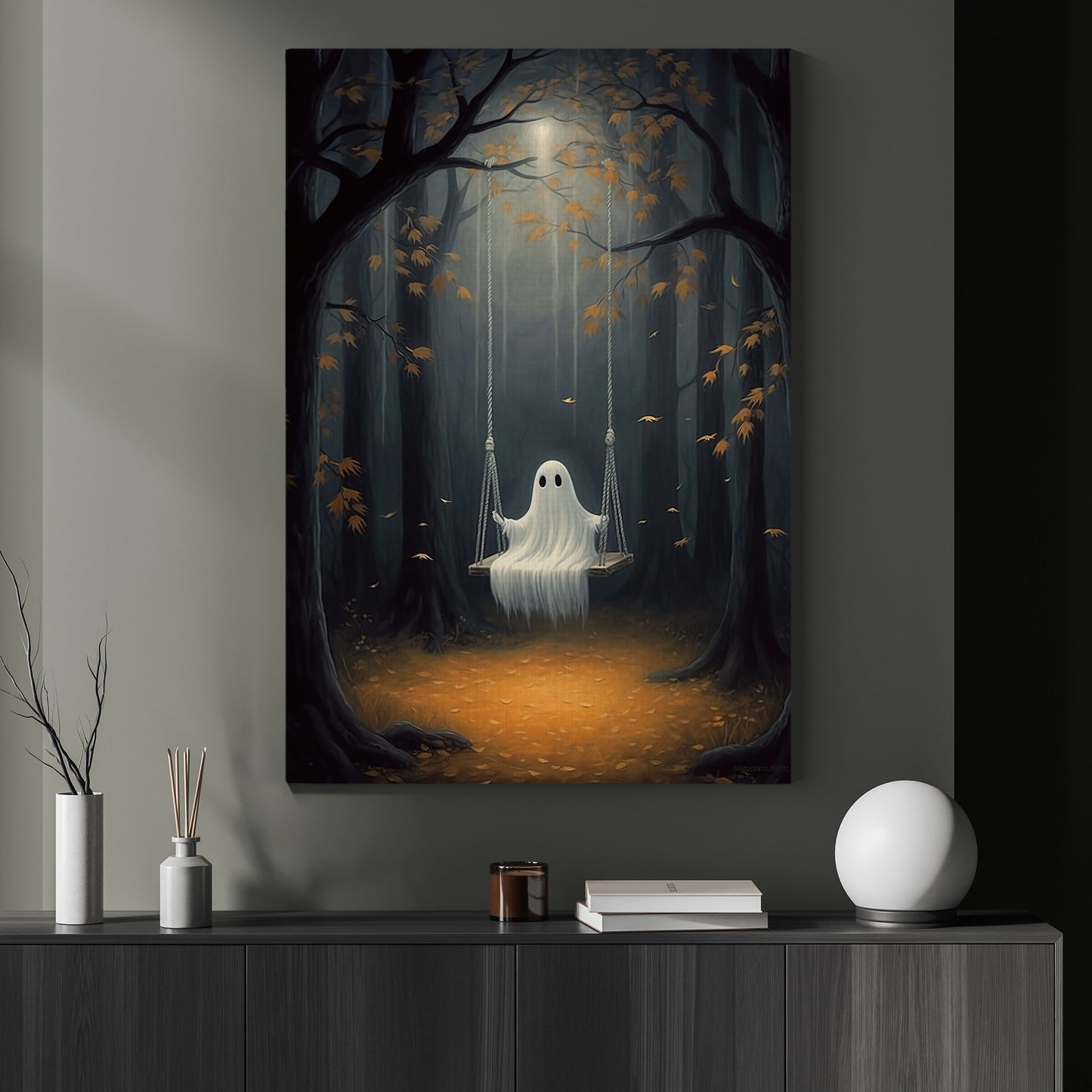 The Ghost Playing On The Swing Canvas Painting, Wall Art Decor - Dark Ghost Halloween Poster Gift