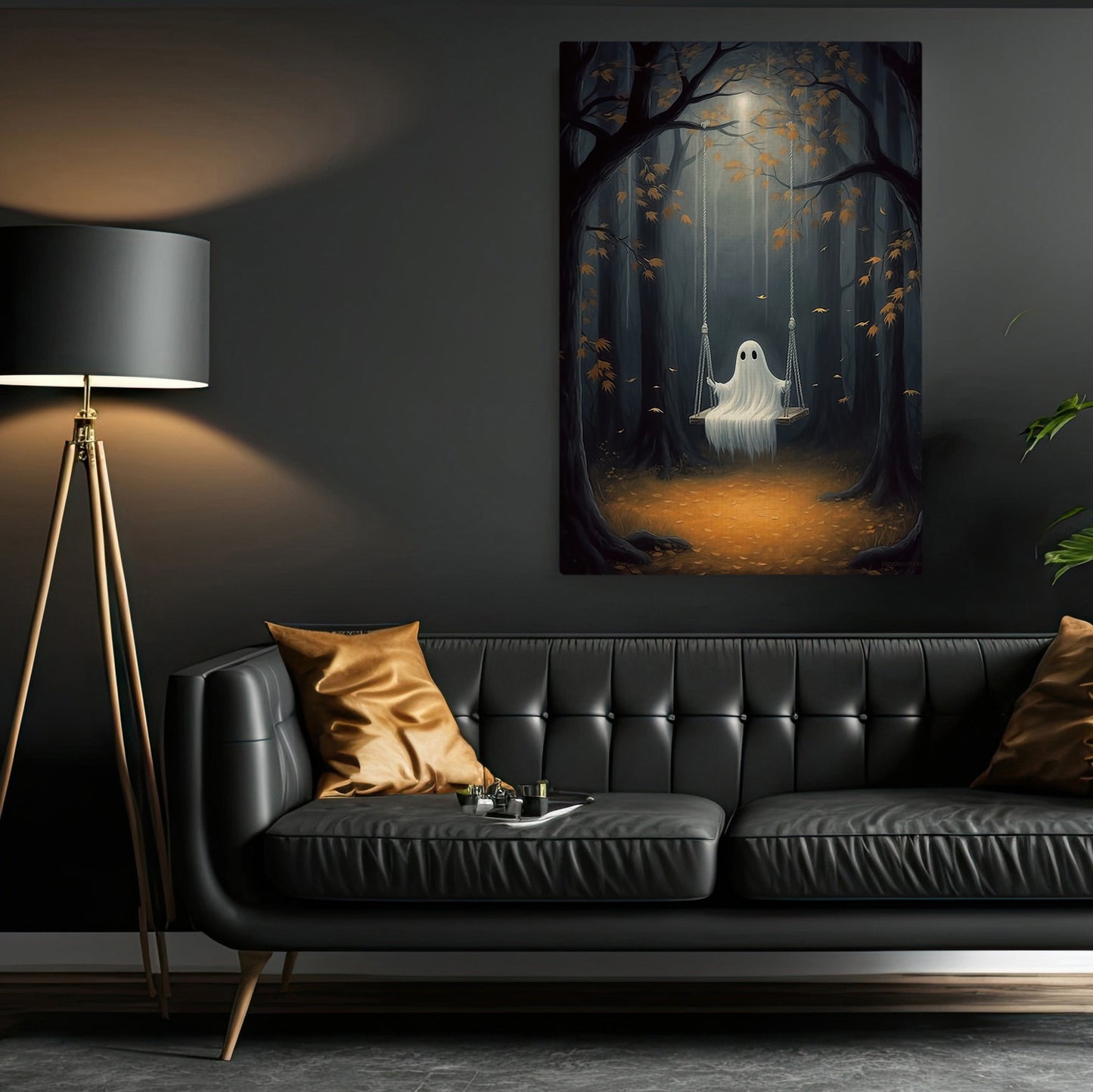 The Ghost Playing On The Swing Canvas Painting, Wall Art Decor - Dark Ghost Halloween Poster Gift