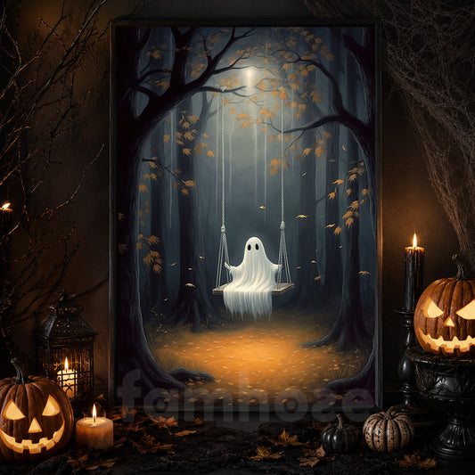 The Ghost Playing On The Swing Canvas Painting, Wall Art Decor - Dark Ghost Halloween Poster Gift