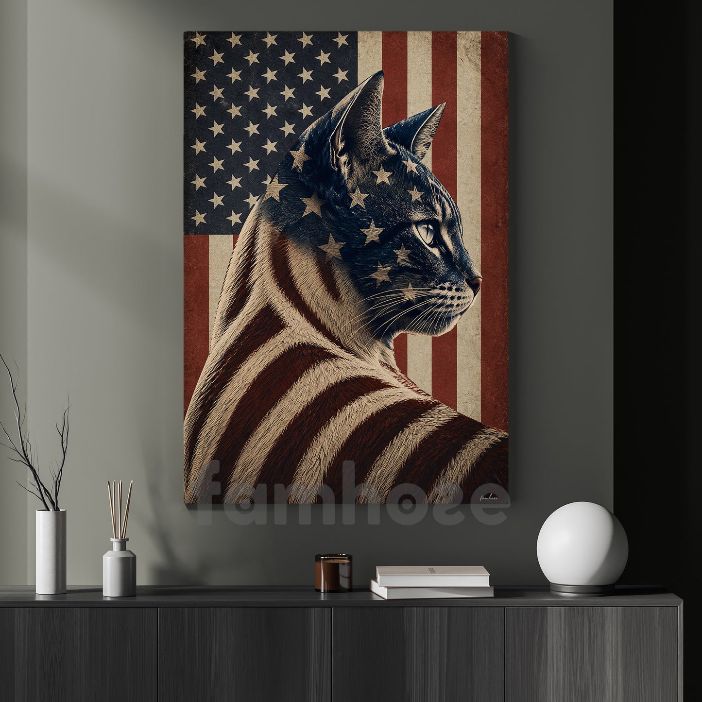 July 4th Cat USA Flag Canvas Painting, Spirit Of America Cat Wall Art Decor, Independence Day Poster Gift For Cat Lover