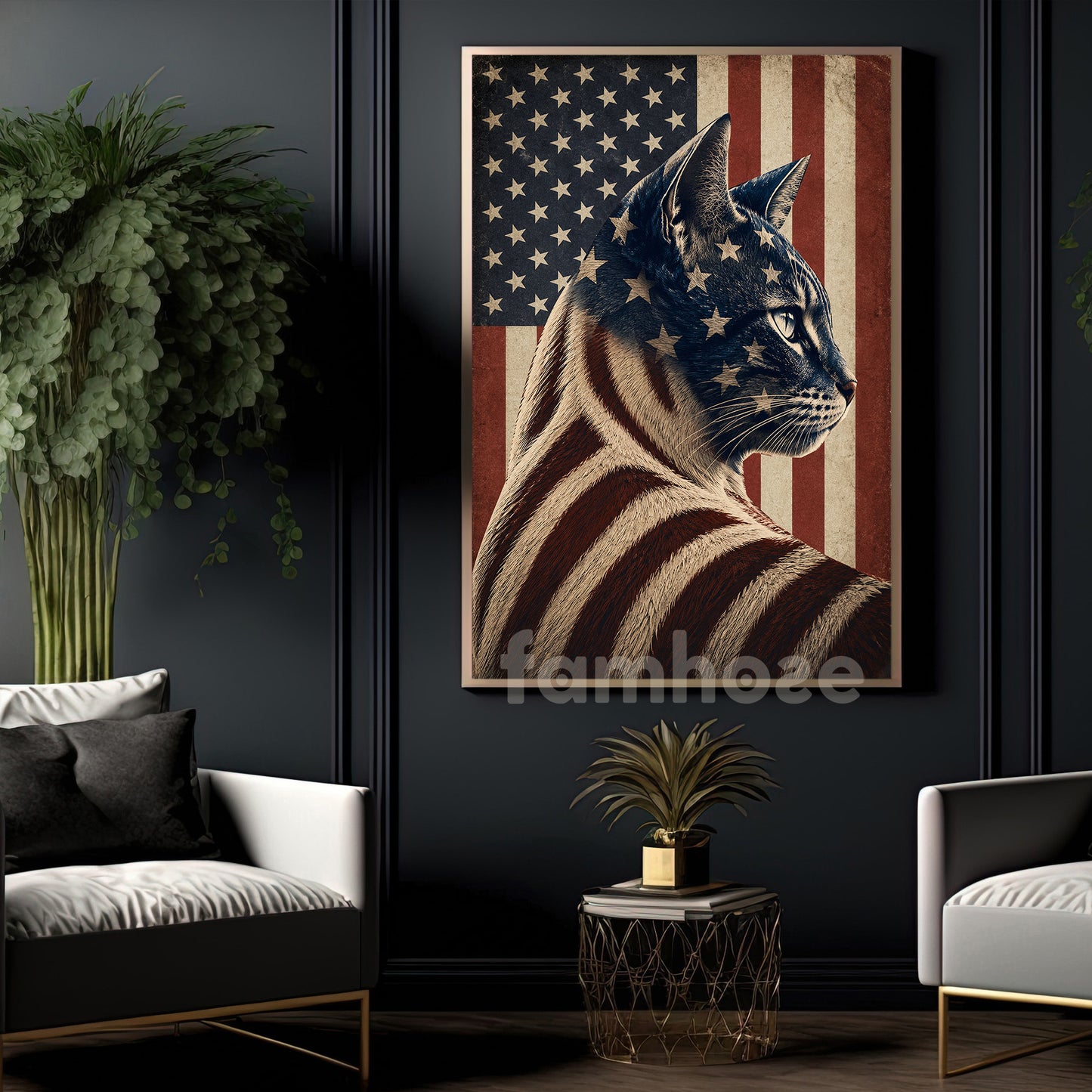 July 4th Cat USA Flag Canvas Painting, Spirit Of America Cat Wall Art Decor, Independence Day Poster Gift For Cat Lover