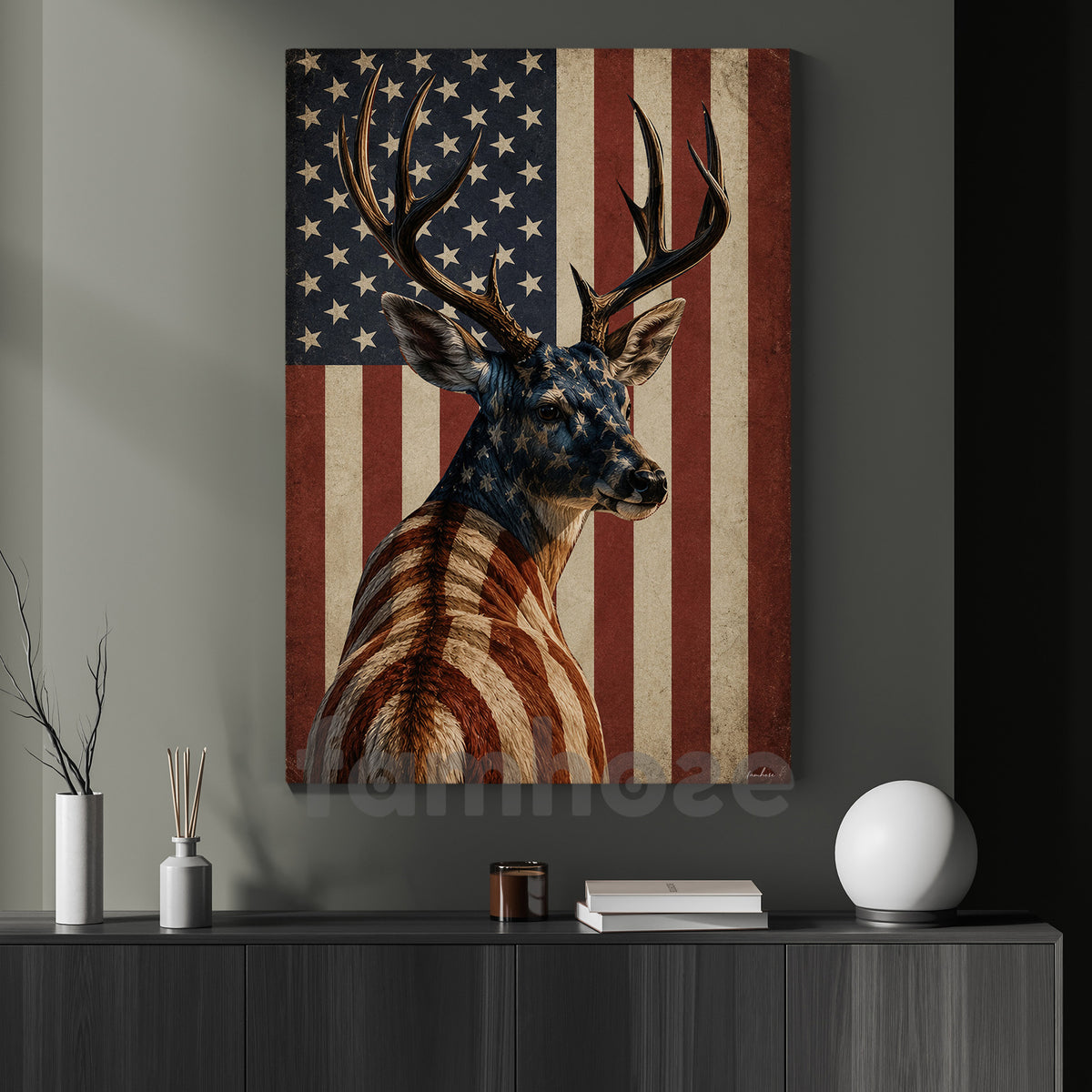 July 4th Deer USA Flag Canvas Painting, Stars Stripes And Antlers USA Wall Art Decor, Independence Day Poster Gift For Deer Lover