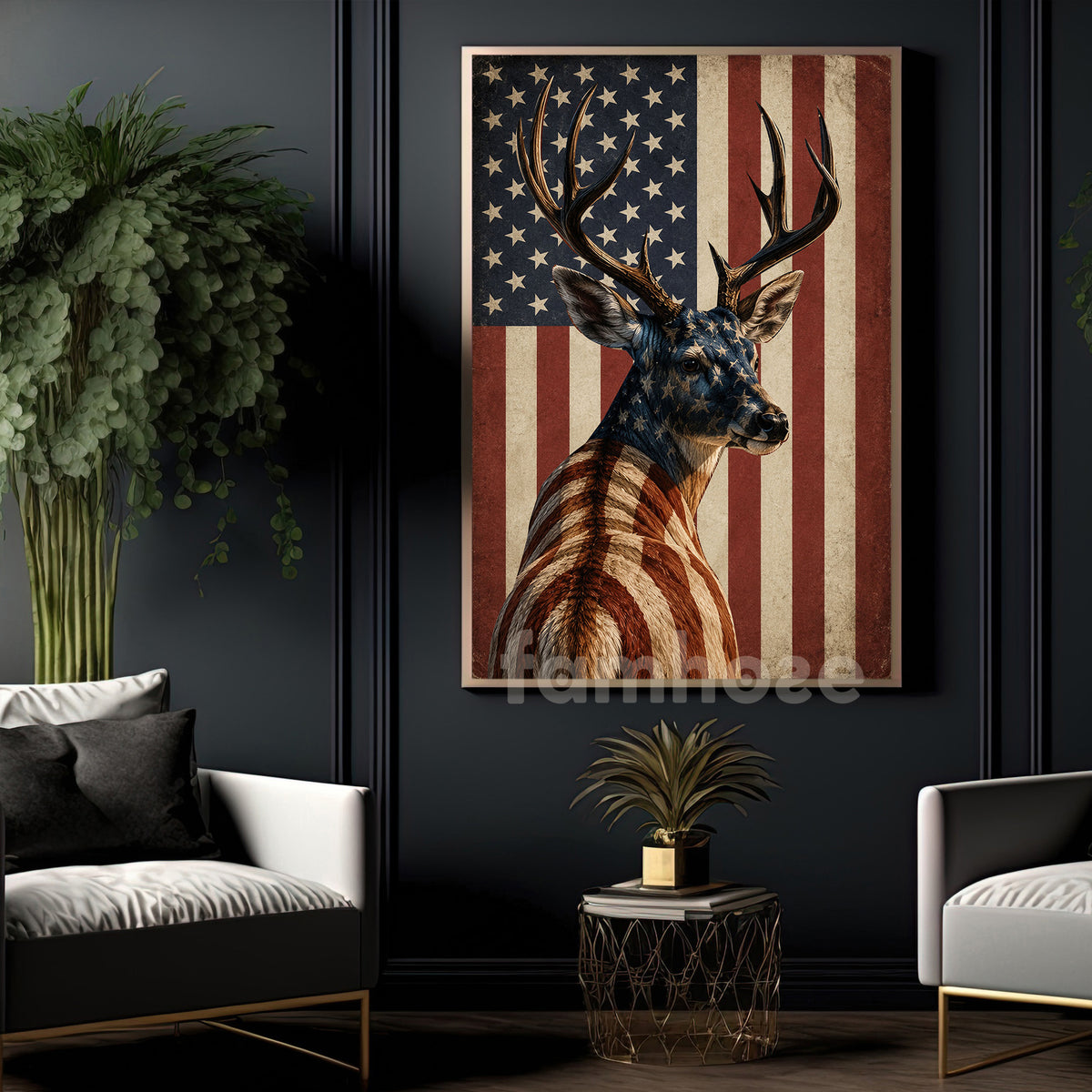 July 4th Deer USA Flag Canvas Painting, Stars Stripes And Antlers USA Wall Art Decor, Independence Day Poster Gift For Deer Lover