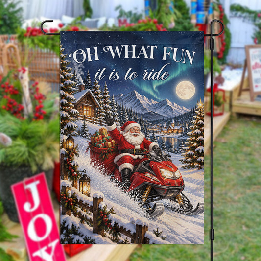 Christmas Snowmobile Garden & House Flag, Oh What Fun It Is To Ride Yard Flag, Xmas Gift For Snowmobiling Lover