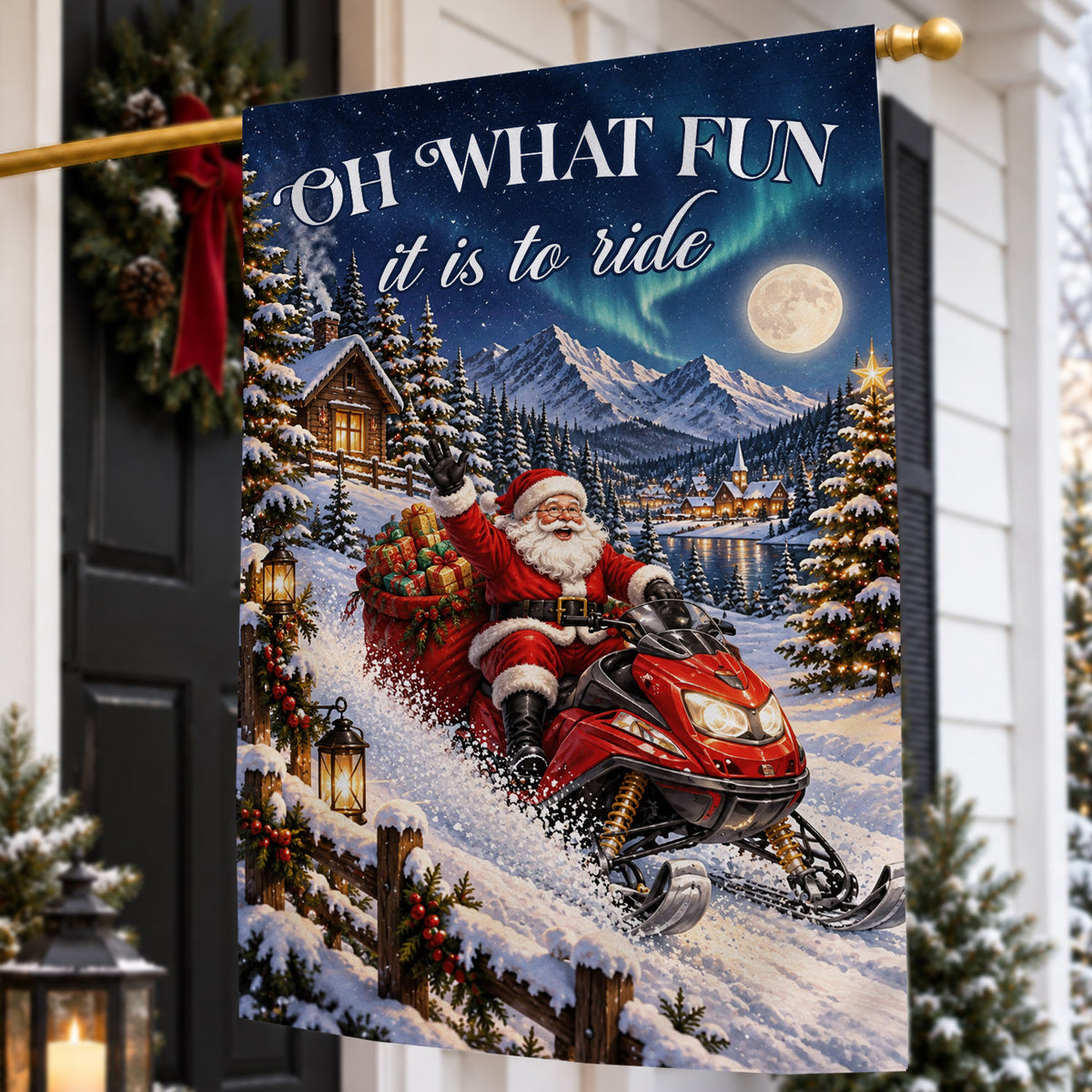 Christmas Snowmobile Garden & House Flag, Oh What Fun It Is To Ride Yard Flag, Xmas Gift For Snowmobiling Lover