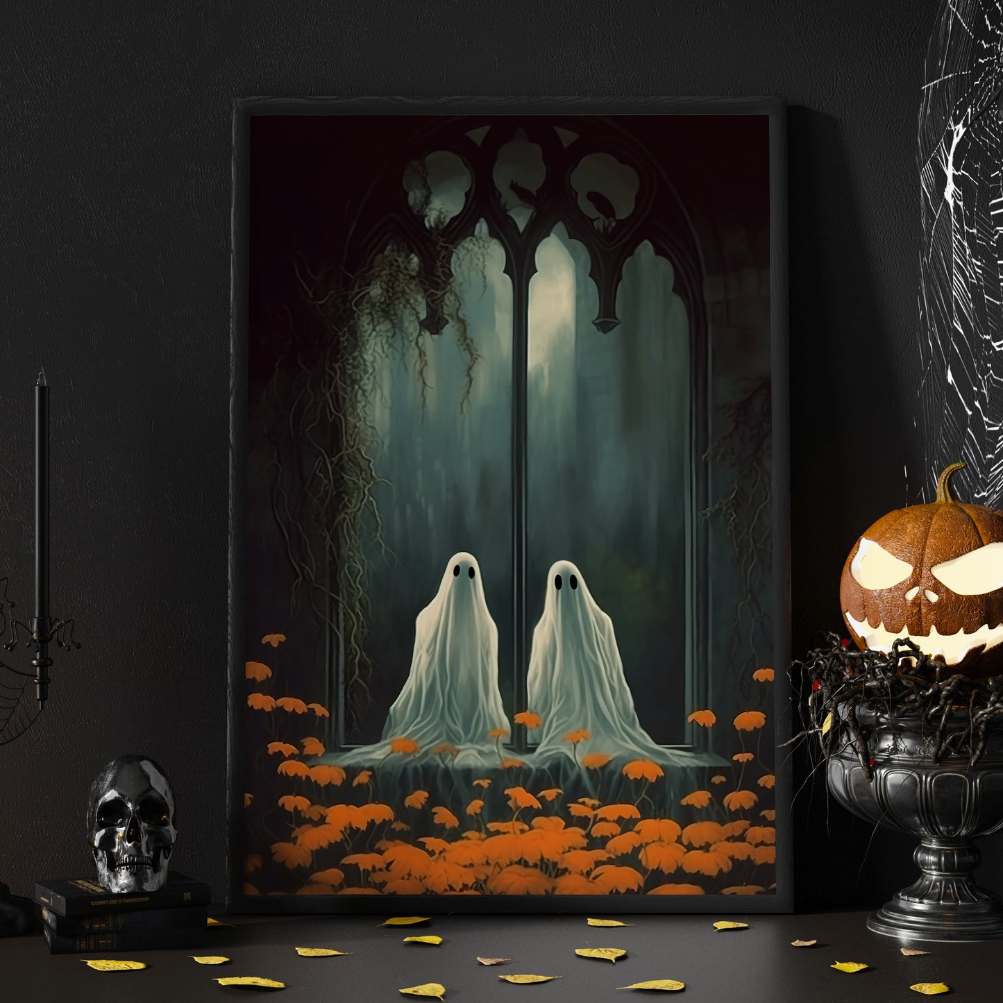 Baby Ghost In Dark Forest Halloween Canvas Painting, Wall Art Decor - Dark Gothic Ghost Halloween Poster Gift