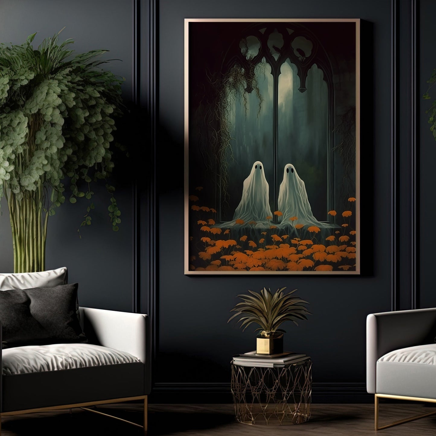 Baby Ghost In Dark Forest Halloween Canvas Painting, Wall Art Decor - Dark Gothic Ghost Halloween Poster Gift