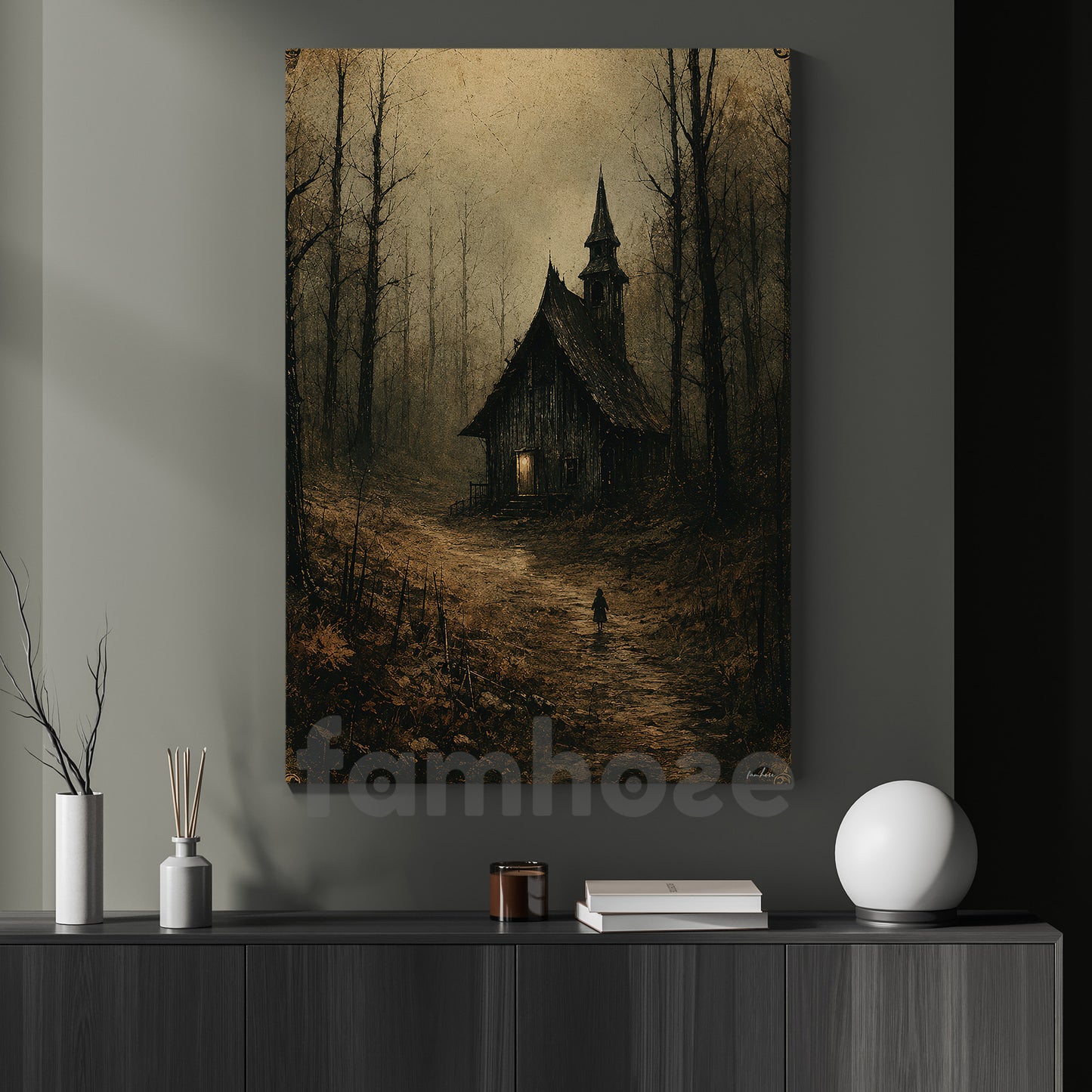 Halloween Haunted Church Canvas Painting, Dark Forest Chapel Spooky Season Wall Art Decor, Gothic Halloween Poster Gift
